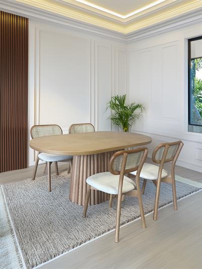 Lumber Naturel Renk Oval Ahşap Masa Takımı 170x90 Cm - 4 Adet Doğal Hazeranlı Sandalye Bohem & İskandinav Şık Tasarım