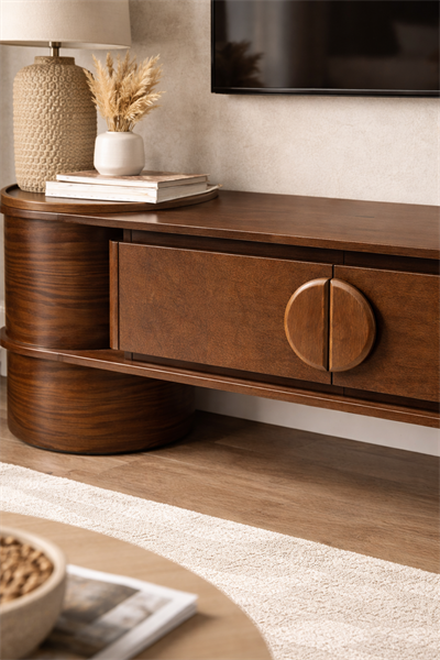Lunaro Silindir Ayaklı Ahşap TV Ünitesi – Modern Tasarım Konsol – 200 × 45 × 58 cm