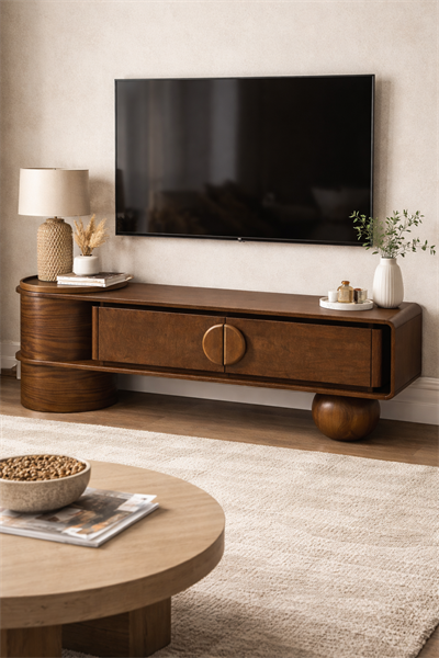 Lunaro Silindir Ayaklı Ahşap TV Ünitesi – Modern Tasarım Konsol – 200 × 45 × 58 cm