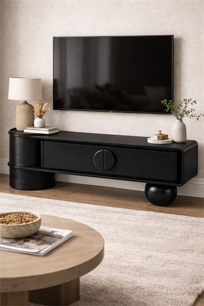 Lunaro Silindir Ayaklı Ahşap TV Ünitesi – Modern Tasarım Konsol – 200 × 45 × 58 cm