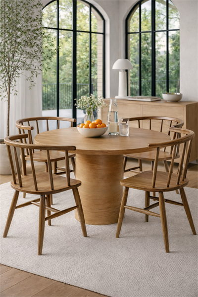 Lunera Doğal Ahşap Yuvarlak Yemek Masası Takımı 4 Kişilik Silindir Ayak Modern İskandinav Tasarım | Alberohome