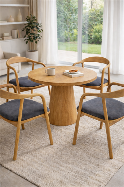 Lunera Masif Ahşap Yuvarlak Masa ve Sandalye Takımı (100×100 cm – 4 Kişilik)