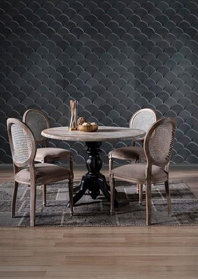 Luz Doğal Ahşap Masif Yuvarlak Masa Takımı 120x120 cm - 4 Doğal Ahşap Hazeranlı Sandalye Modern Şık Tasarım