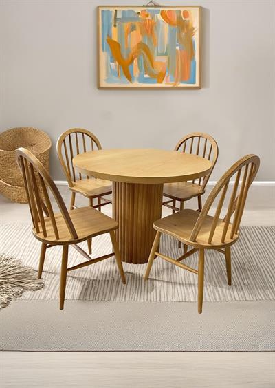 Madrid Naturel Renk Ahşap Yuvarlak Masa Takımı 90x90 Cm - 4 Naturel Sandalyeli İskandinav Şık Tasarım