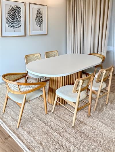 Manolya Beyaz Tabla Naturel Ayaklı Oval Ahşap Masa Takımı 170x90 Cm - 6 Naturel Renk Hazeranlı Sandalye Bohem & İskandinav Şık Tasarım