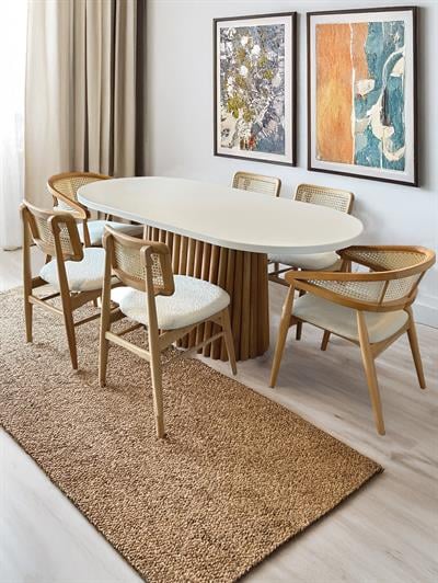 Manolya Beyaz Tabla Naturel Ayaklı Oval Ahşap Masa Takımı 170x90 Cm - 6 Naturel Renk Hazeranlı Sandalye Bohem & İskandinav Şık Tasarım