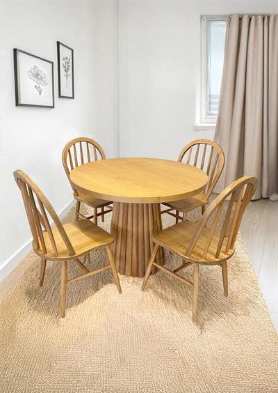Maxi Naturel Renk Ahşap Yuvarlak Masa Takımı 90x90 Cm - 4 Naturel Sandalyeli İskandinav Şık Tasarım
