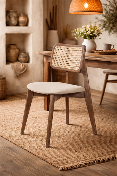 Melodi Doğal Kayın Ahşap Krem Hazeranlı Masif Eskitme Sandalye Detaylı İşçilik Modern Şık Tasarım