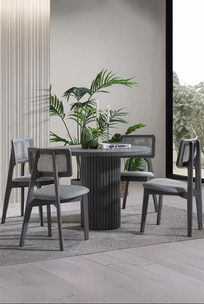 Melodi Ahşap Gri Renk Yuvarlak Masa Takımı- 4 Adet Gri Hazeranlı Sandalye Bohem & İskandinav Şık Tasarım