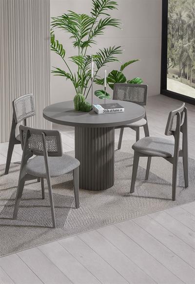 Melodi Ahşap Gri Renk Yuvarlak Masa Takımı 100x100 Cm - 4 Adet Gri Hazeranlı Sandalye Bohem & İskandinav Şık Tasarım