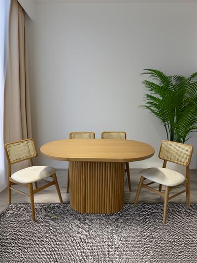 Mila Naturel Renk Oval Ahşap Masa Takımı 80x130 - 4 Adet Naturel Renk Hazeranlı Ahşap Sandalye Bohem & İskandinav Şık Tasarım