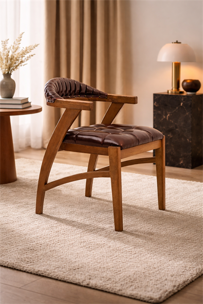 Milas Doğal Ahşap Kapitone Döşemeli Ceviz Kolçaklı Sandalye El İşçiliği Bohem İskandinav Tasarım