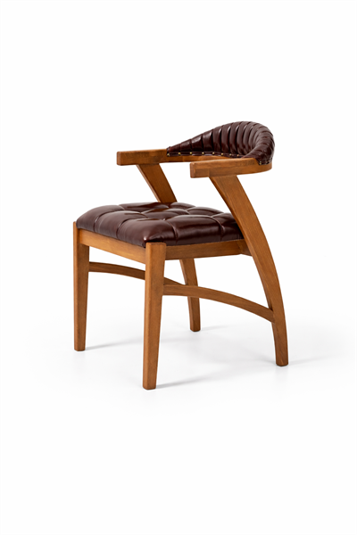 Milas Doğal Ahşap Kapitone Döşemeli Ceviz Kolçaklı Sandalye El İşçiliği Bohem İskandinav Tasarım