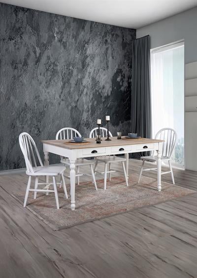 Miranda Doğal Ahşap Torna Ayak 3 Çekmeceli Dikdörtgen Masa Takımı 170x80 cm - 4 Doğal Ahşap Beyaz Renk Sandalye Modern Şık Tasarım