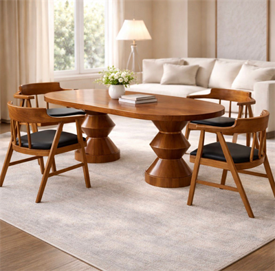 Mısır Oval 4 Sandalyeli Masa Takımı | Masif Ayaklı Ahşap Yemek Masası