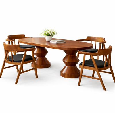 Mısır Oval 4 Sandalyeli Masa Takımı | Masif Ayaklı Ahşap Yemek Masası