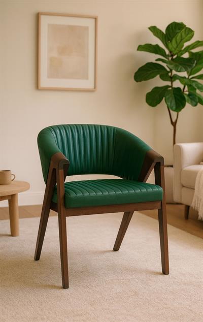 Modern Ahşap Kollu Yeşil Kapitoneli Yemek Sandalyesi