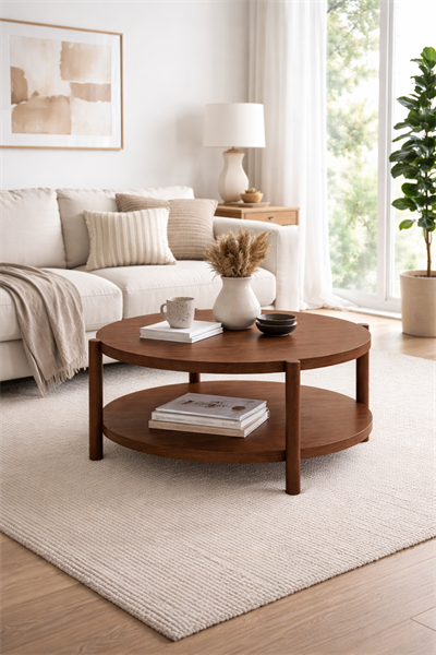 Modern Yuvarlak Orta Sehpa 90x48 cm Raflı Salon Sehpası | Alberohome