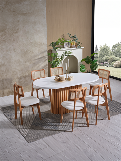 Montreal Beyaz Tabla Naturel Ayak Oval Ahşap Masa Takımı 170x90 Cm - 6 Sandalyeli Doğal Hazeranlı İskandinav Şık Tasarım