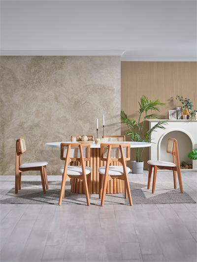 Montreal Beyaz Tabla Naturel Ayak Oval Ahşap Masa Takımı 170x90 Cm - 6 Sandalyeli Doğal Hazeranlı İskandinav Şık Tasarım