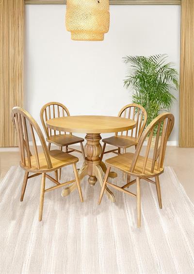 Mostar Naturel Renk Ahşap Yuvarlak Masa Takımı 90x90 Cm - 4 Naturel Sandalyeli İskandinav Şık Tasarım