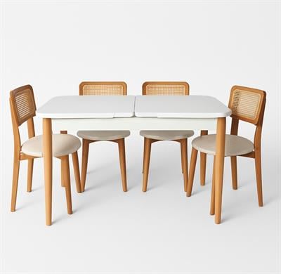 Natura Doğal Ahşap Beyaz Renk Açılır Masa Takımı 70x127 Cm - 4 Adet Doğal Hazeranlı Sandalye Bohem & İskandinav Şık Tasarım