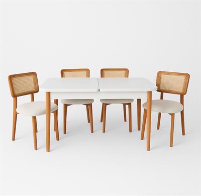 Natura Doğal Ahşap Beyaz Renk Açılır Masa Takımı 70x127 Cm - 4 Adet Doğal Hazeranlı Sandalye Bohem & İskandinav Şık Tasarım