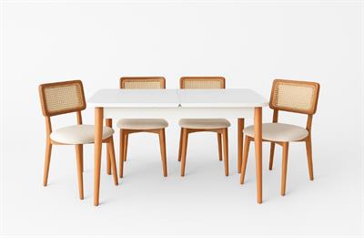 Natura Doğal Ahşap Beyaz Renk Açılır Masa Takımı 70x127 Cm - 4 Adet Doğal Hazeranlı Sandalye Bohem & İskandinav Şık Tasarım