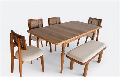 Natura Ceviz Açılır Yemek Masası Takımı – Parlak MDF Üst Tabla – Kayın Ayak – 4 Sandalye + 100 cm Bench – Modern Tasarım