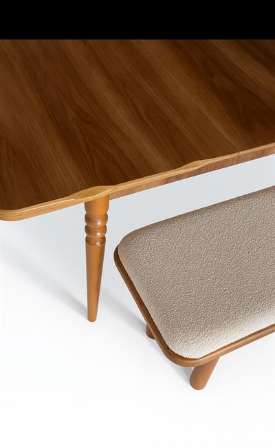Natura Ceviz Açılır Yemek Masası Takımı – Parlak MDF Üst Tabla – Kayın Ayak – 4 Sandalye + 100 cm Bench – Modern Tasarım