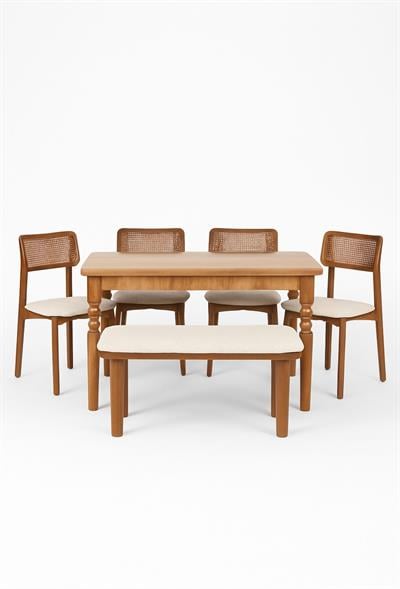 Natura Ceviz Açılır Yemek Masası Takımı – Parlak MDF Üst Tabla – Kayın Ayak – 4 Sandalye + 100 cm Bench – Modern Tasarım