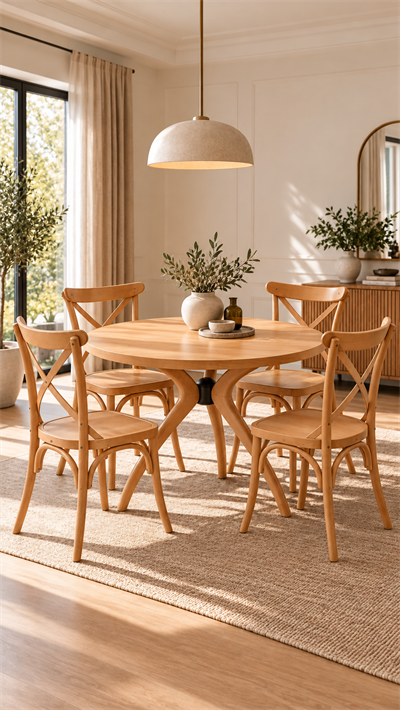 Natural Ahşap Yuvarlak Yemek Masası Takımı – 4 Sandalyeli