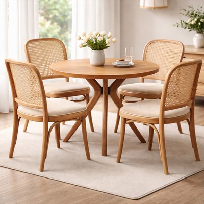 Naturel Ahşap Yuvarlak Masa Takımı – 4lü Hazeran Thonet Sandalye | Kayın Ağaç