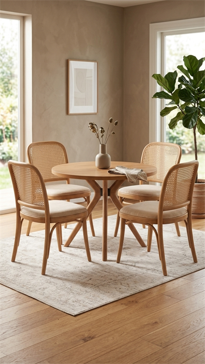 Naturel Ahşap Yuvarlak Masa Takımı – 4lü Hazeran Thonet Sandalye | Kayın Ağaç