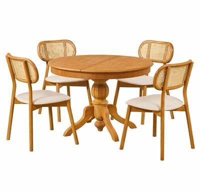 Naturel Hasır Sandalyeli Açılır Yuvarlak Yemek Masası Takımı | 1 Masa + 4 Sandalye