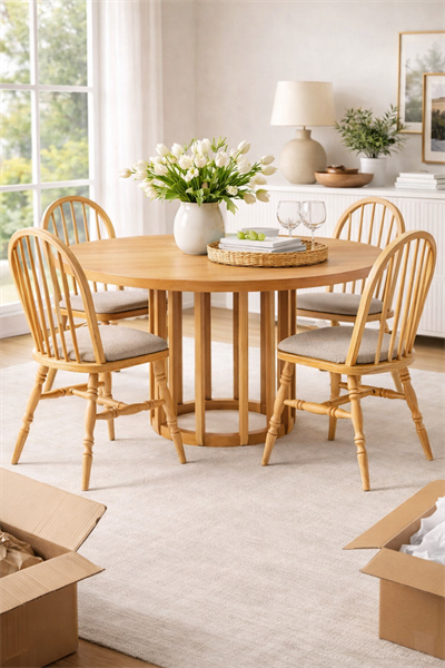 Naturel Yuvarlak Masa Takımı – 4 Kişilik Ahşap Masa ve Sandalye Seti (100 × 100 cm)