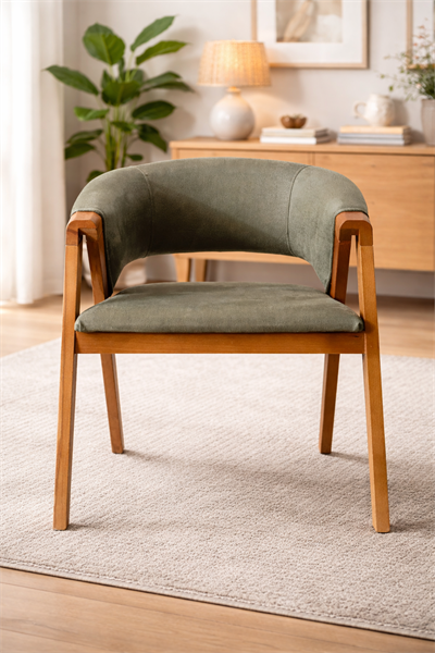 Nebat Doğal Kayın Ahşap Naturen Renk Haki Döşemeli Sandalye Detaylı İşçilik Modern Şık Tasarım