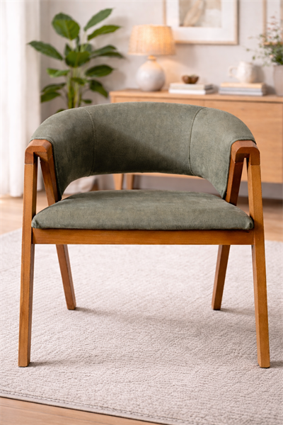 Nebat Doğal Kayın Ahşap Naturen Renk Haki Döşemeli Sandalye Detaylı İşçilik Modern Şık Tasarım