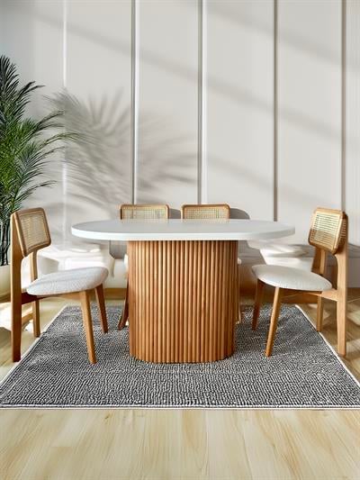 Nirvana Beyaz Tabla Naturel Renk Ayaklı Oval Ahşap Masa Takımı 80x130 cm - 4 Adet Naturel Renk Hazeranlı Sandalye Bohem & İskandinav Şık Tasarım