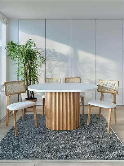 Nirvana Beyaz Tabla Naturel Renk Ayaklı Oval Ahşap Masa Takımı 80x130 cm - 4 Adet Naturel Renk Hazeranlı Sandalye Bohem & İskandinav Şık Tasarım