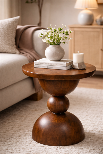 Orbita Küre Ayaklı Ahşap Yan Sehpa – Modern Yuvarlak Tasarım – 44 × 55 cm