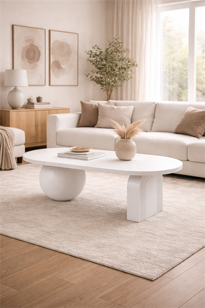 Oval Ahşap Orta Sehpa – Modern Çift Ayak Tasarım – 128×80 cm