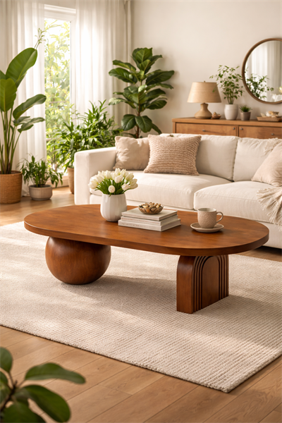 Oval Ahşap Orta Sehpa – Modern Çift Ayak Tasarım – 128×80 cm