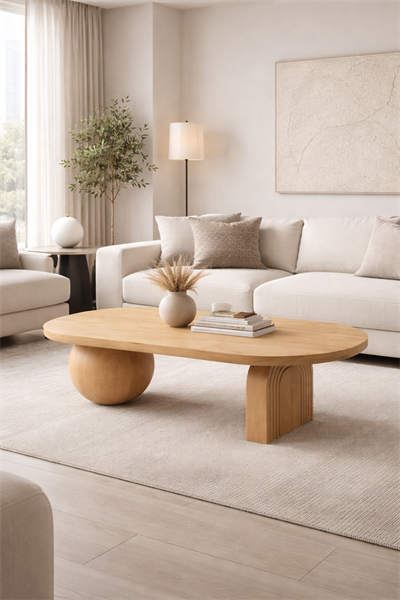 Oval Ahşap Orta Sehpa – Modern Çift Ayak Tasarım – 128×80 cm