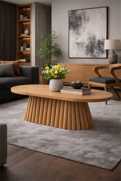 Oval Ahşap Orta Sehpa – Yivli Gövdeli Modern Salon Sehpası – 130 cm