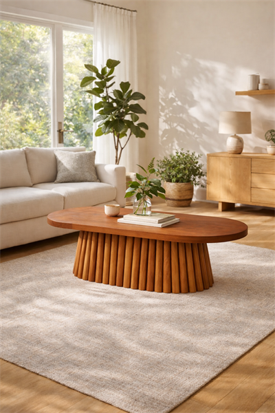 Oval Ahşap Orta Sehpa – Yivli Gövdeli Modern Salon Sehpası – 130 cm