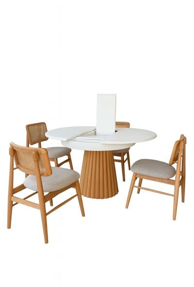 Ovalia Beyaz Tabla Naturel Ayak Ahşap Yuvarlak Açılır Masa Takımı 100x100 Cm - 4 Adet Naturel Renk Hazeranlı Sandalye Bohem & İskandinav Şık Tasarım