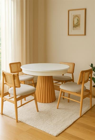 Ovalia Beyaz Tabla Naturel Ayak Ahşap Yuvarlak Açılır Masa Takımı 100x100 Cm - 4 Adet Naturel Renk Hazeranlı Sandalye Bohem & İskandinav Şık Tasarım