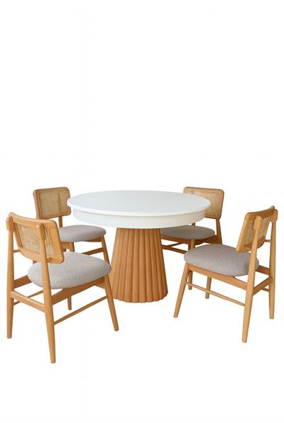 Ovalia Beyaz Tabla Naturel Ayak Ahşap Yuvarlak Açılır Masa Takımı 100x100 Cm - 4 Adet Naturel Renk Hazeranlı Sandalye Bohem & İskandinav Şık Tasarım