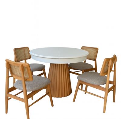 Ovalia Beyaz Tabla Naturel Ayak Ahşap Yuvarlak Açılır Masa Takımı 100x100 Cm - 4 Adet Naturel Renk Hazeranlı Sandalye Bohem & İskandinav Şık Tasarım